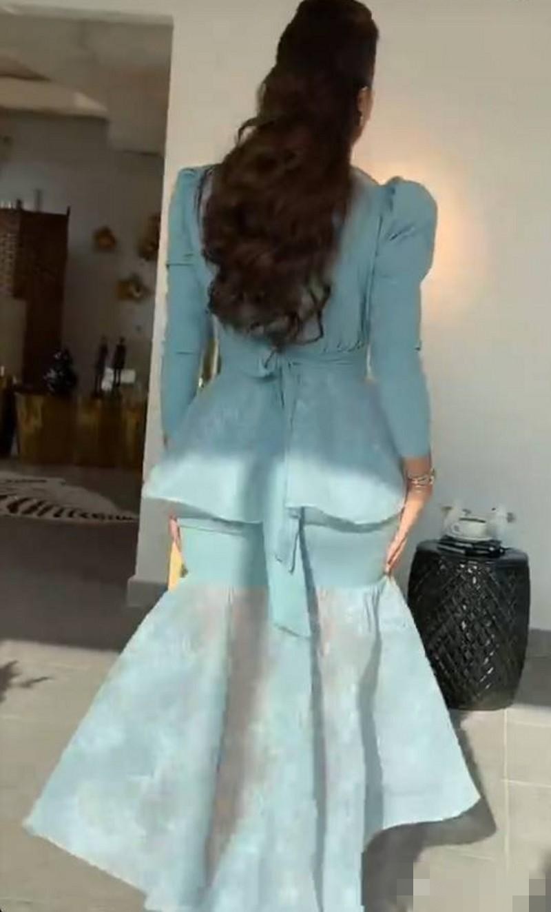 Blue Mermaid Light Arabic Evening Dresses Tea Length V Neck Peplumn Crystal Custom Made Long Sleeves Prom Party Gown Formal Ocn Wear