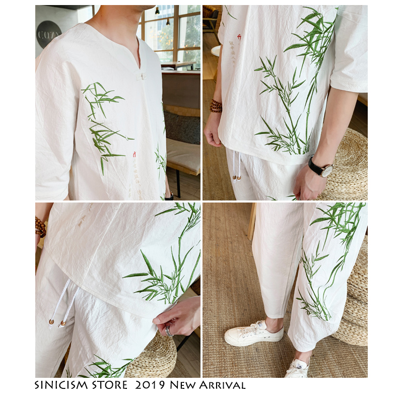 Sinicism Store Bamboo Embroidery Tracksuit Men 2019 Mens Summer Linen Sweatsuits Male Streetwear Chinese Vintage 2 Piece Sets