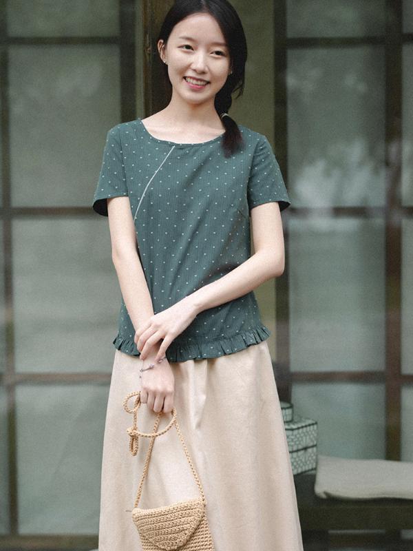 Fans +3% Discount CYNTHIA Women Blouse Female Vintage Summer Short-sleeve Dot O-neck Stringy Selvedge Cotton Shirts, Green
Fans +3% Discount CYNTHIA Women Blouse Female Vintage Summer Short-sleeve Dot O-neck Stringy Selvedge Cotton Shirts, Green