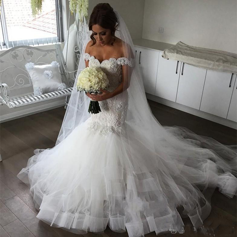 Off Shoulder Mermaid Wedding Dresses Long 3D Lace Appliques Low Back Sexy Wedding Dress Tulle Tiered Skirt Country Bridal Gowns