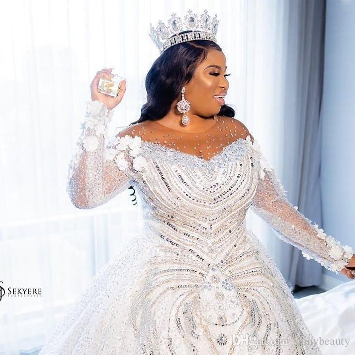 2020 Plus Size Wedding Dresses A Line Beads Sequins Crystal Sheer Neck Abiti Da Sposa Sweep Train Modest Long Sleeve Vestidos De Novia