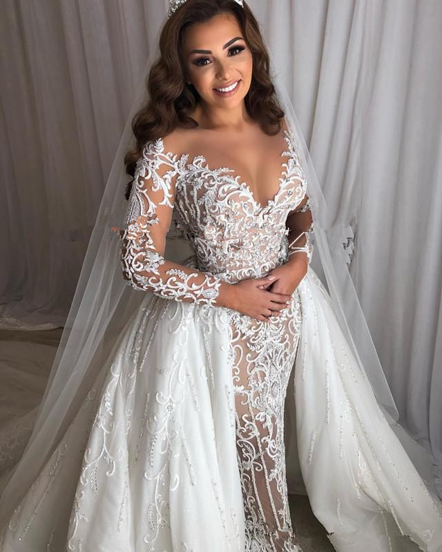 Middle East Mermaid Dresses with Detachable Train Plus Size Sheer Long Sleeves Lace Applique African Wedding Gowns Robe De Mariee