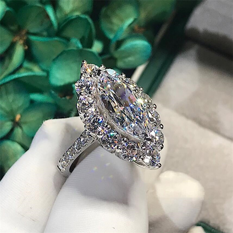 Brand New Vintage Jewelry Sparkling Luxury Jewelry 925 Sterling Silver Marquise Cut White Topaz CZ Diamond Gemstones Women Wedding Band Ring