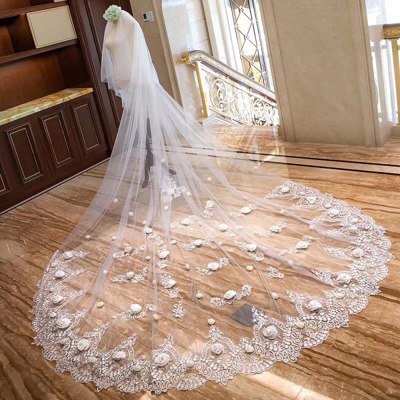 Wedding Bridal Veils 2T Cathedral Length 3m Long 3D Floral Appliqued Lace Bride Veil With Free Comb