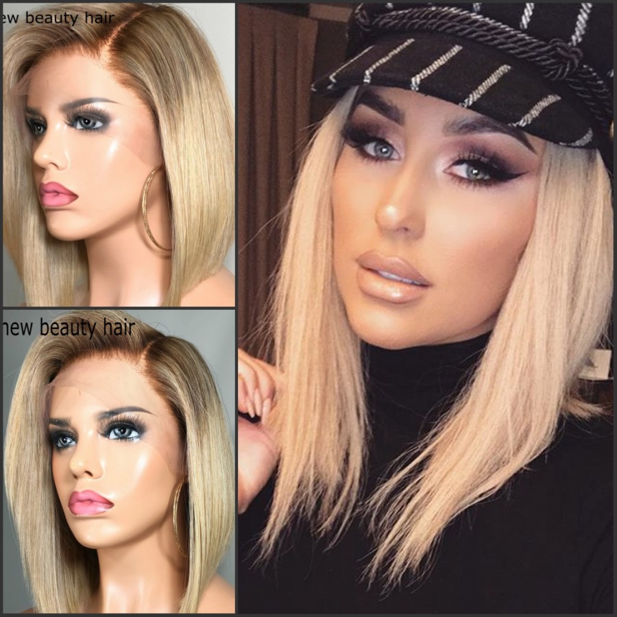 14inch ombre blonde color Short Bob Wigs For Black Women brazilian full lace front wig heat resistant Synthetic Hair Wigs
