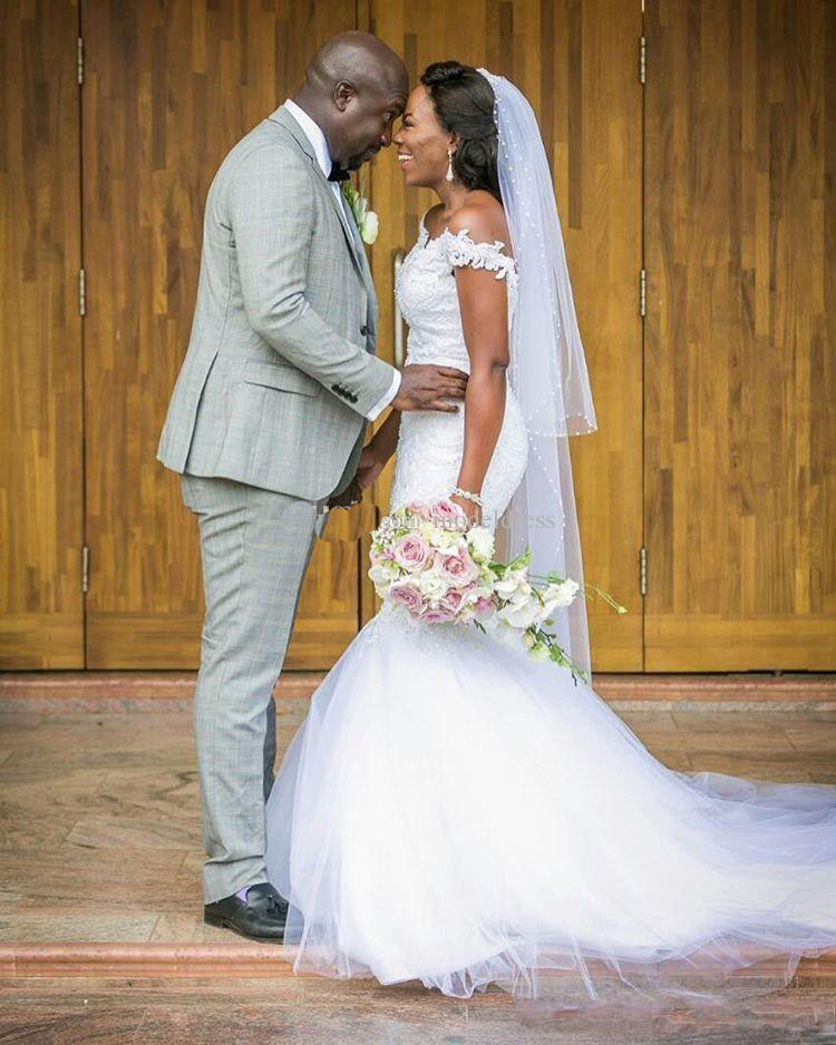 Nigerian African Mermaid Wedding Dresses Off Shoulder Lace Applique Pearls Backless Wedding Bridal Gowns Plus Size Wedding Dresses