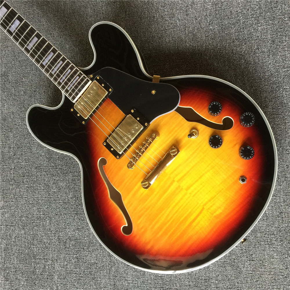 Custom Shop 50th Anniversary 335 Vintage Sunburst CS Semi Hollow Body Jazz Electric Guitar Black Pickguard Double F Holes Block Pearl Inlays
Custom Shop 50th Anniversary 335 Vintage Sunburst CS Semi Hollow Body Jazz Electric Guitar Black Pickguard Double F Holes Block Pearl Inlays