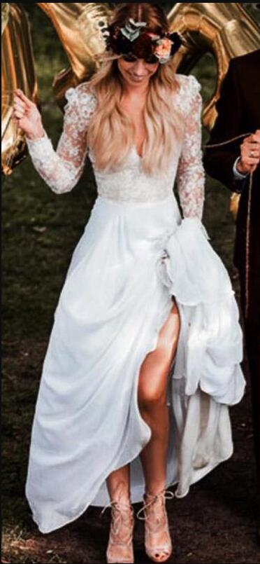 2019 Deep V Neck Lace Chiffon illusion Long Sleeves Beach Dresses Country Simple Bohemian Bridal Open Back Wedding Gowns