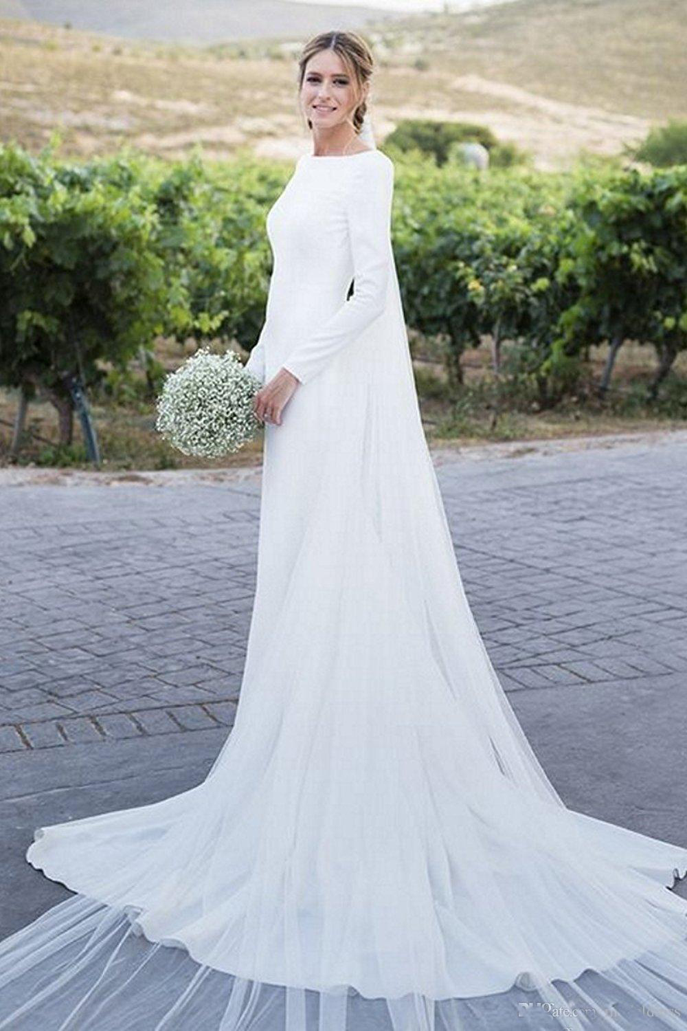 New Country Wedding Dresses Long Sleeves Bateau Sheath Backless Court Train Dress For Bridal Gowns Vestidos De Noiva Cheap Customized