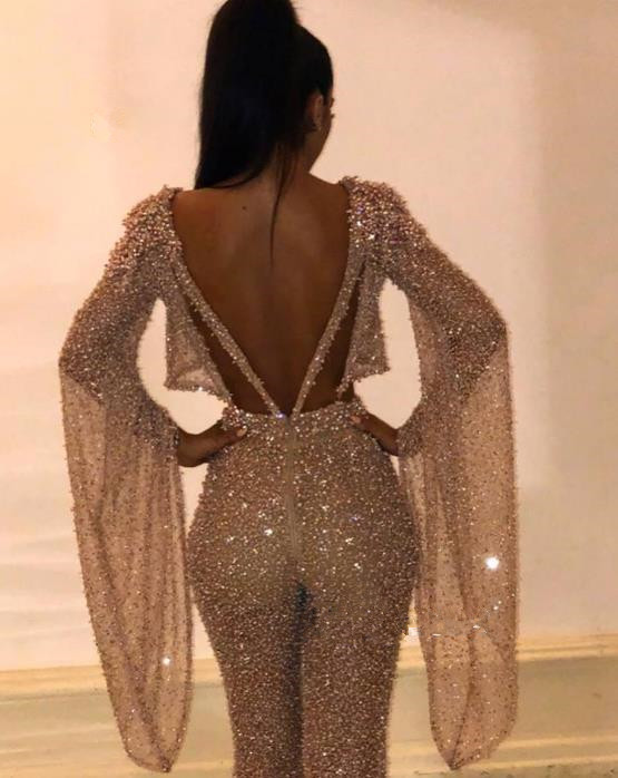 Yousef aljasmi Jumpsuit Prom Dresses Two Pieces Long Sleeves Sequined Formal Evening Gowns Backless African Party Gowns Plus Size