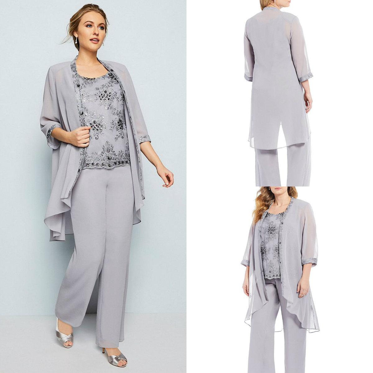 Plus Size Mother Of The Bride Dresses With Jacket Lace Chiffon Long Sleeves Three Pieces Silver Wedding Guest Dress Evening Gowns