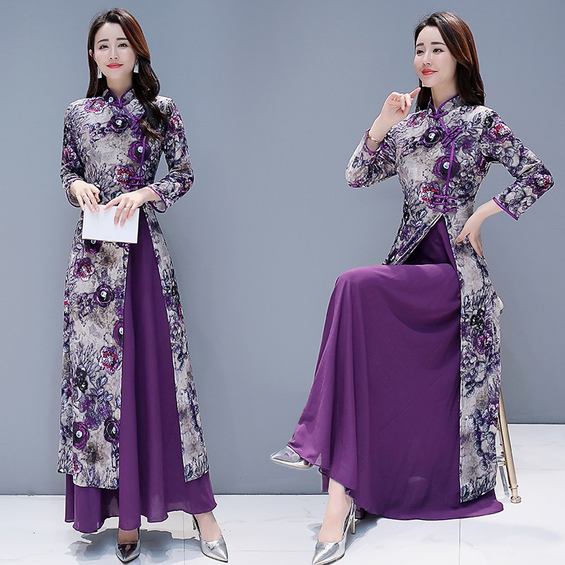 New long ao dai vietnam Style dress for women traditional ethnic clothing purple gown oriental dress Chinese improved cheongsam Qipao