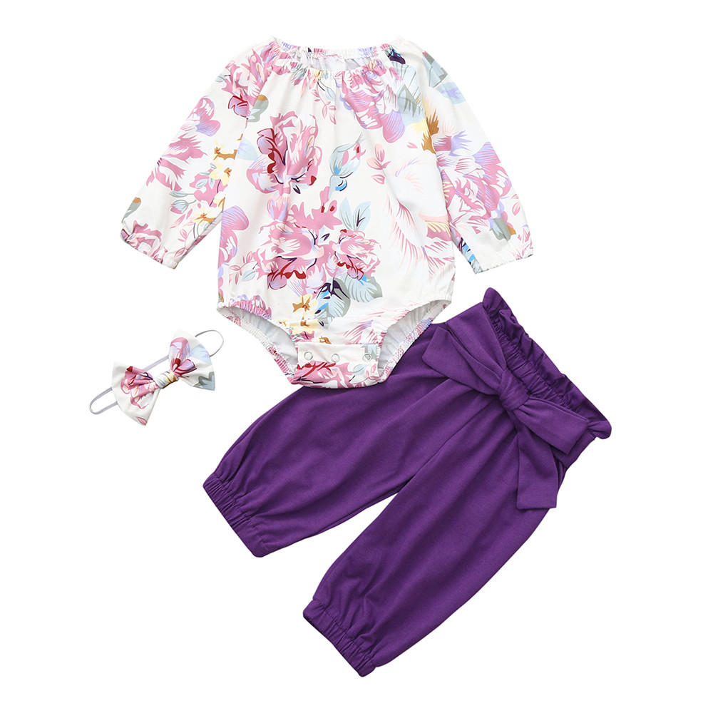 Newborn Baby Clothing Set 3PCs Girls Floral Romper Jumpsuit Tops Pants Headband Outfits Set roupas menina
