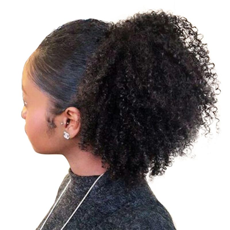 Brazilian Virgin Afro Kinky Curly Drawstring Ponytail Human Hair Clip In Extensions Natural Color 1 Piece
