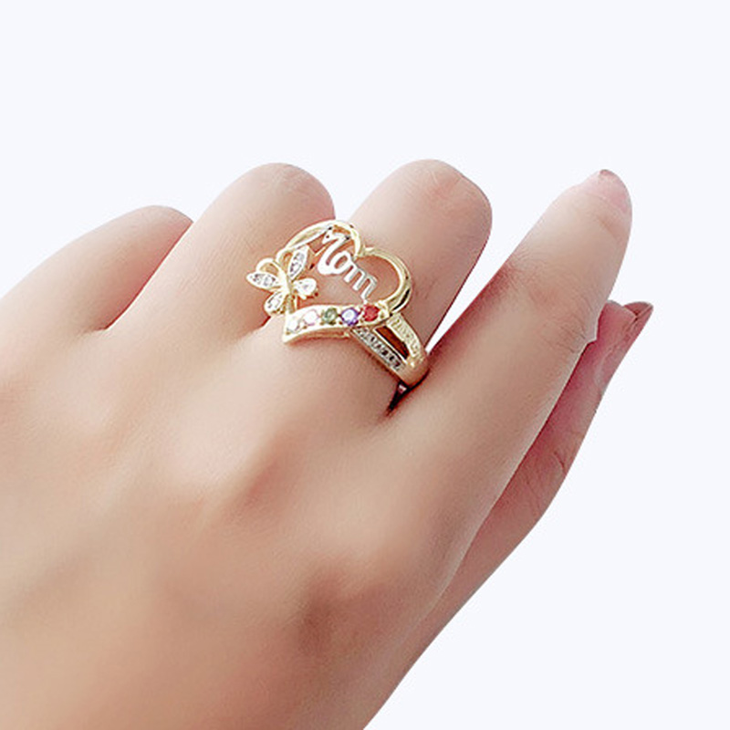 Hot Selling Elegant Gold Filled Mom Ring with Side Stones Colorful Crystal Love Heart Love Mom Ring Mother's Day Gifts