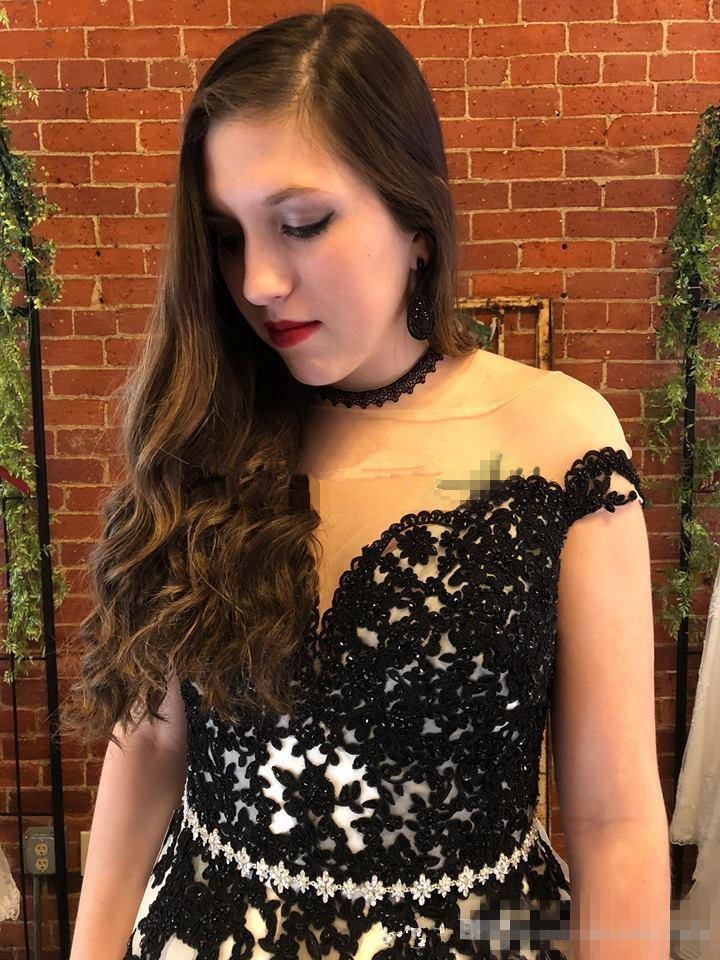 Black Lace Applique White Organza A-e Dresses Capped Sleeves Sheer Neck Cathedral Train Wedding Bridal Gowns