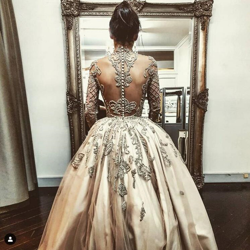 2020 New Chic Fashion Champagne Lace High Low Prom Dresses Full Sleeves Appliques Beaded Long 2 Pieces Prom Gowns