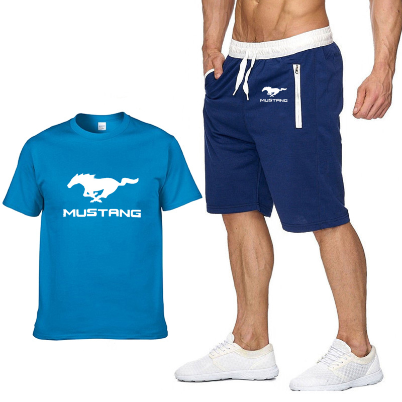 Mens Short sleeve Mustang car Logo Summer Mens t Shirt Harajuku T-Shirt high quality Cotton T Shirts shorts suit 2Pcs Sportswear T200224