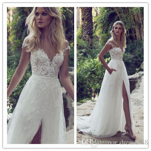 Limor Rosen Gowns A-Line Lace Wedding Dresses Illusion Bodice Jewel Court Train Vintage Garden Beach Boho Party Bridal Dress