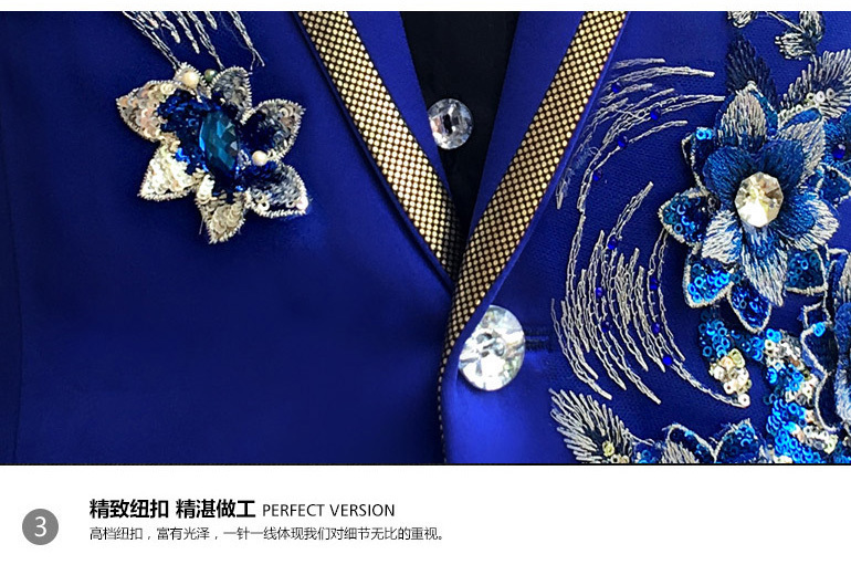 Three Pieces Set Suits Men's Singers Perform Stage Show Sequins Embroidered Flower Red Blue Pink Wedding Suit Costume Homme C18122501