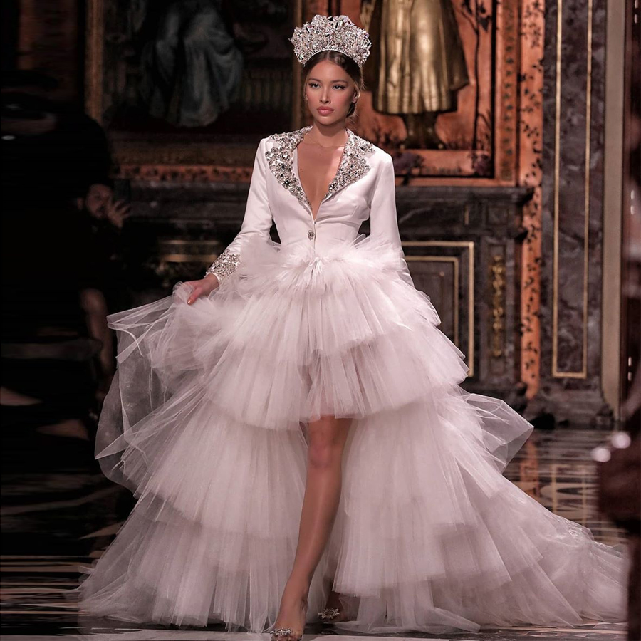 High Amazing Beaded Low Wedding Dresses Deep V Neck Sequined Long Sleeves Bridal Gowns Tiered Tulle A Line Robe De Marie