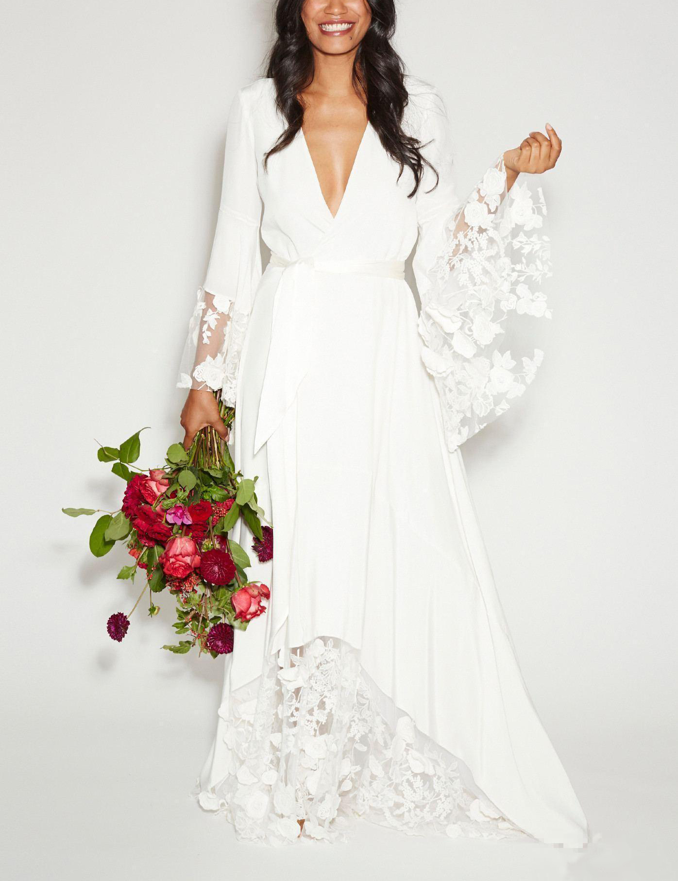 Deep V-neck A-line Wedding Dress Long Sleeves Floor Length Lace Bridal Gown With Belt
