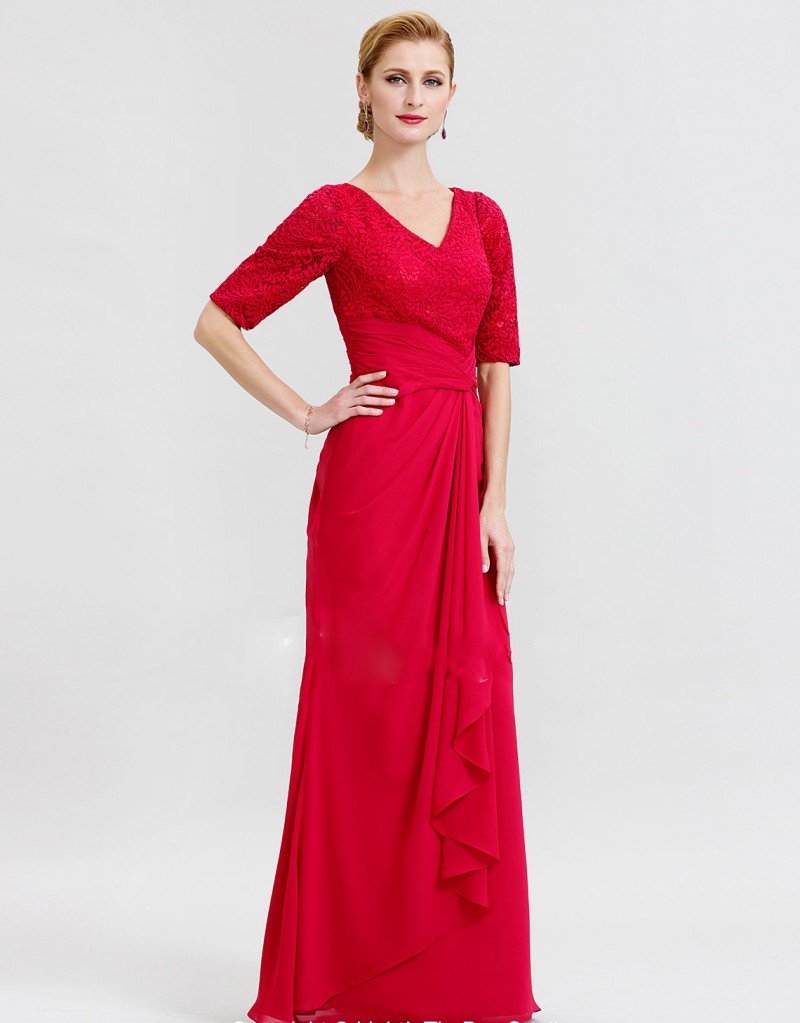 red mother of the bride dresses v neck half sleeve lace appliqued floor length chiffon mothers dresses plus size wedding guest dress