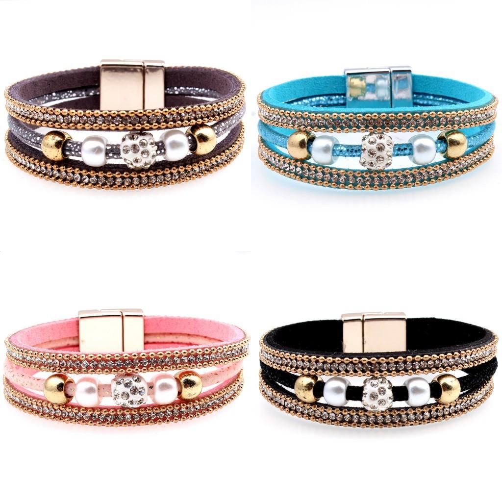 Magnetic Bracelet Bangle Crystal Beaded Leather Wristband Bracelet Multilayer Bracelets