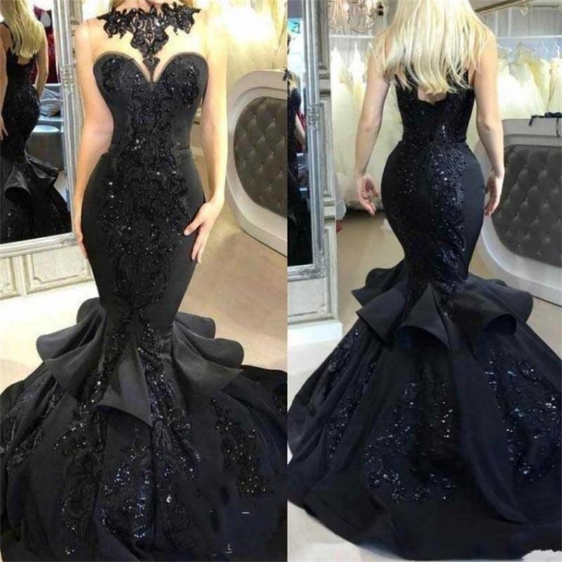 Plus Size Mermaid Prom Dresses 2019 Sheer Neck Black Lace Applique Sequins Formal Evening Gowns Ruffles Beaded Sweep Train Celebrity Dress