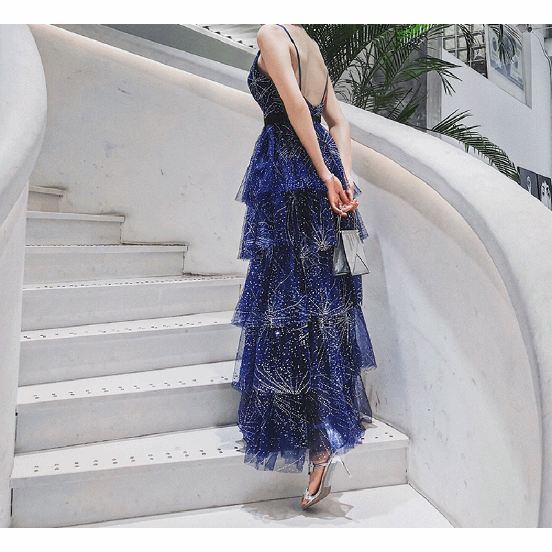 Sexy Backless Royal Blue Prom Dress Layers Tulle Spaghetti Long Prom Dresses