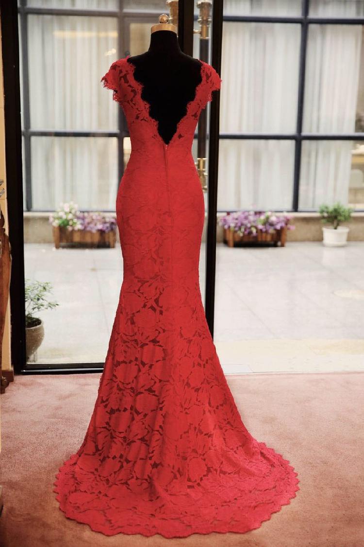 Deep V-Back Lace Mermaid Evening Dress Side Split Sweep Train Evening Gowns