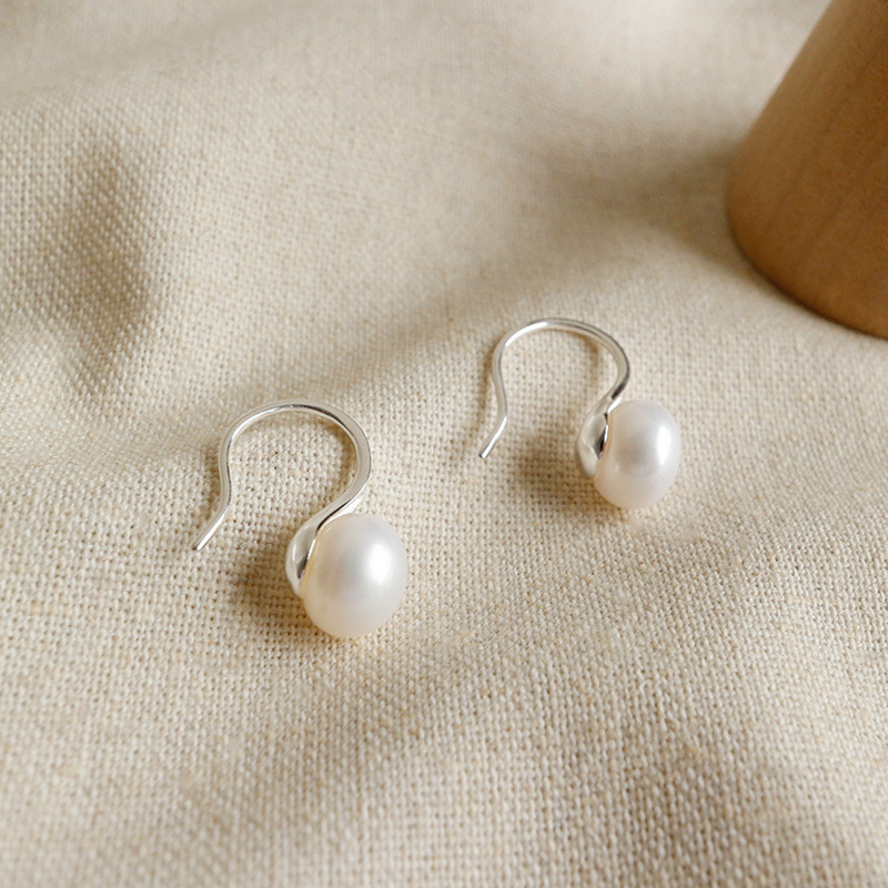 925 Sterling Silver Drop Earrings For Women Round Natural Freshwater Pearl Hook Dangle Earring Brincos Wedding Band Jewelry