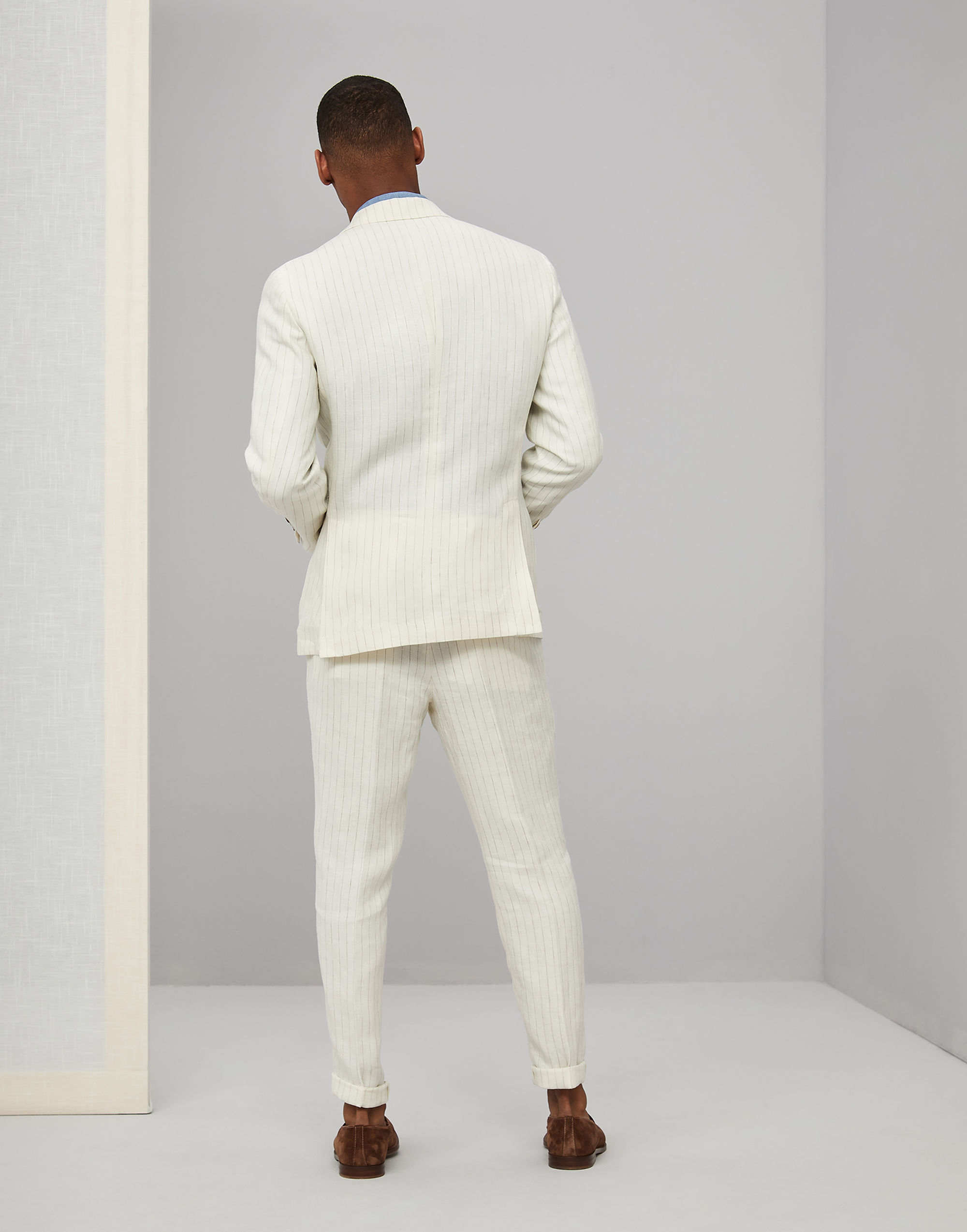 Ivory White Pinstripe Groom Tuxedos Mens Wedding Peaked Lapel Pants Suits Best Men Jacket Blazer Prom/Dinner 2 Pieces (Jacket+Pants)