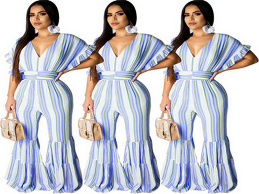 Jumpsuits European spring and summer temperament women's print large swing sleeve striped jumpsuit support mixed batch
