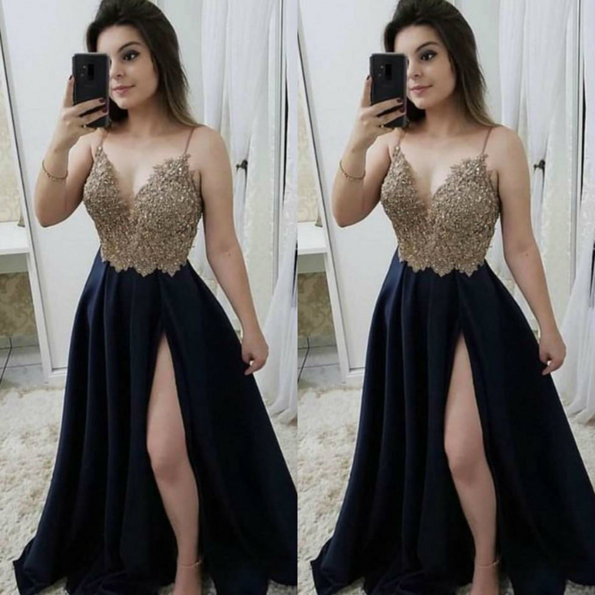 2019 Shiny Beaded Prom Dresses Spaghetti Straps Sexy Thigh High Slits Satin Evening Gowns Cocktail Party Dresses Vestido De Fiesta