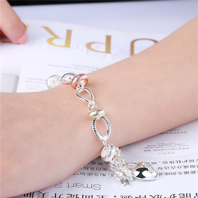 925 silver Hanging dichroic insets heart lock,flower spoon bracelet DFMCH233, fashion sterling silver plated Chain link bracelets high grade