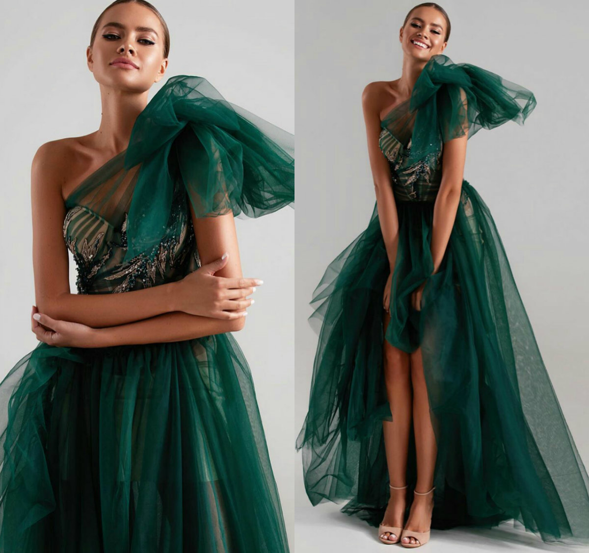 green prom gowns one shoulder sparkly beading applique evening gowns long formal party runway fashion dress