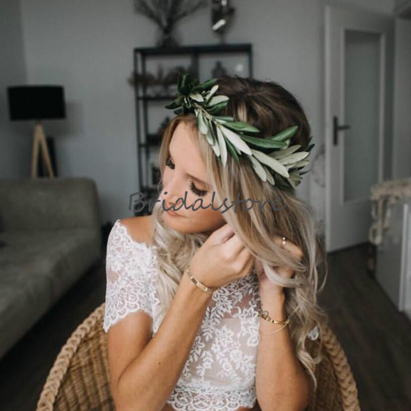 Modest Two Piece Wedding Dresses Boho Crop Top Lace Bateau Neckline Chiffon Country Wedding Dress Short Sleeve Button Back Cheap Bridal Gown