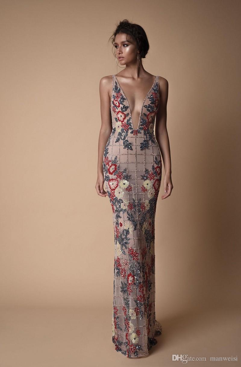 embroidery luxury mermaid dresses evening wear backless sheer plunging neckline crystal evening gowns new arrival berta prom dress