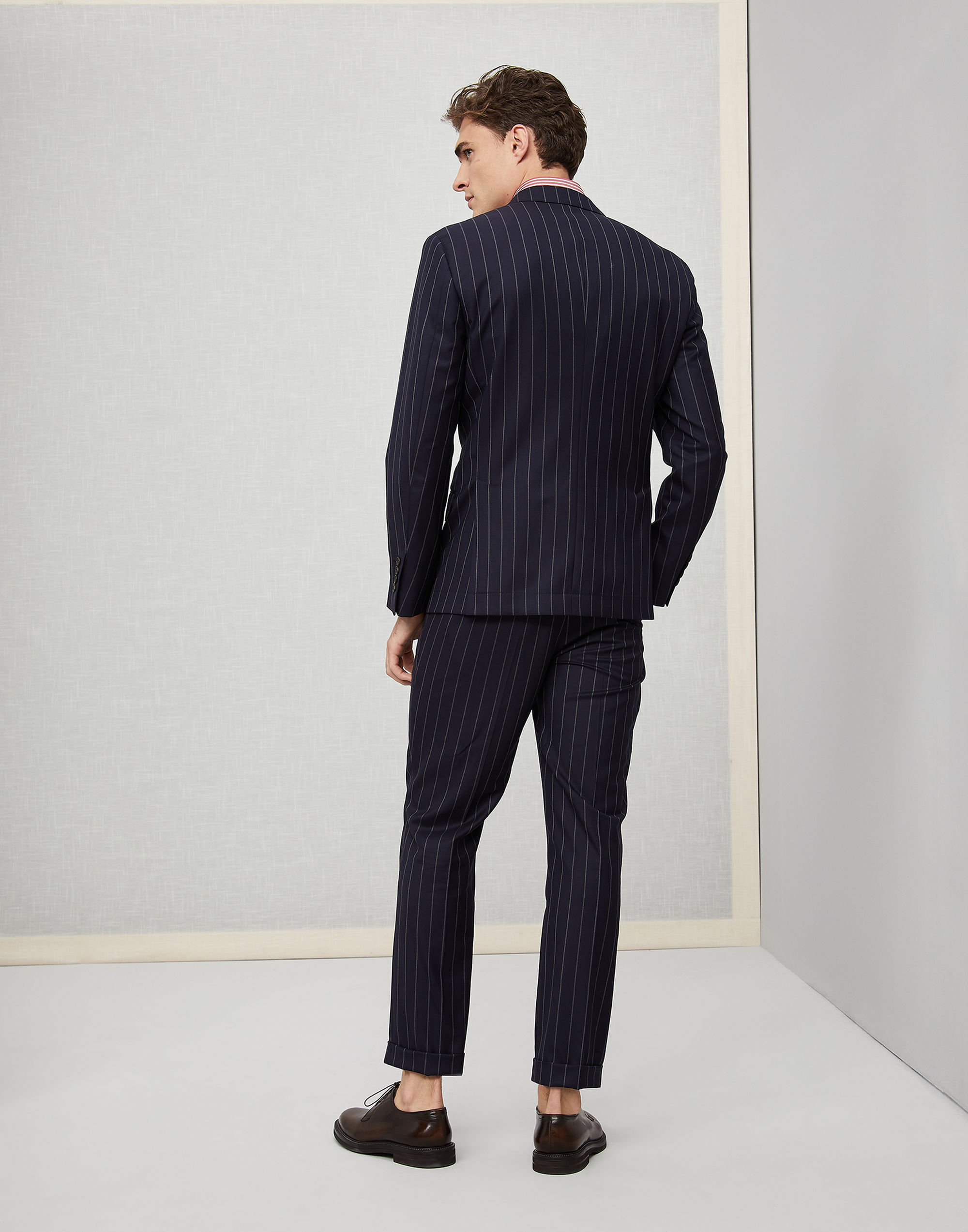 Pinstripe Groom Tuxedos Navy Mens Wedding Peaked Lapel Pants Suits Best Men Jacket Blazer Prom/Dinner 2 Pieces (Jacket+Pants)