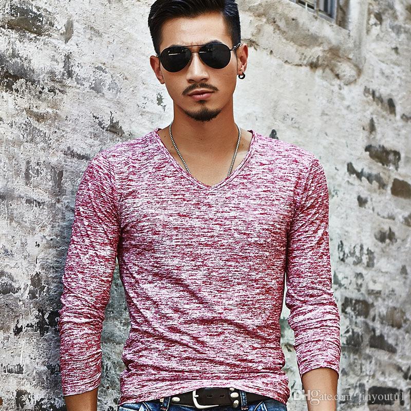 2020 Autumn Slim Streetwear V neck T Shirt Men Casual Fitness Tops&Tees Vintage Blue Long Sleeve Pullover shirt Homme Plus Size