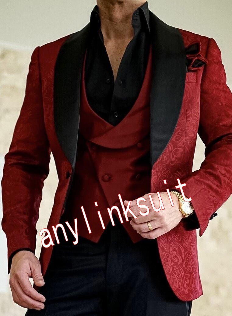 New Design One Button Wine Paisley Wedding Men Suits Shawl Lapel Three Pieces Business Groom Tuxedos (Jacket+Pants+Vest+Tie) W1164