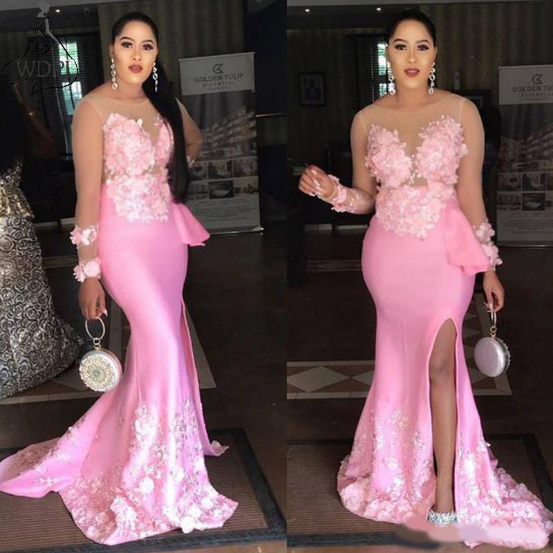 Gorgeous Pink Mermaid Evening Dresses Sheer Long Sleeves 3D Flowers Side Slit Prom Gowns 2020 Newest