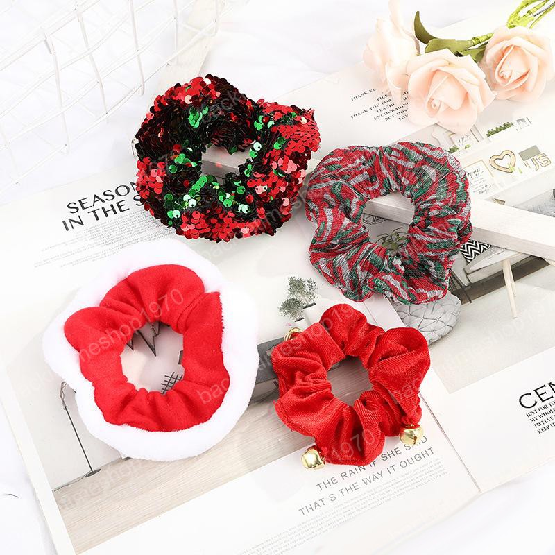 Christmas Girl Hair Scrunchy Ring Elastic Xmas Hair Bands Sequin Red Plaid Large Intestine Sports Dance Scrunchie Soft Hairband