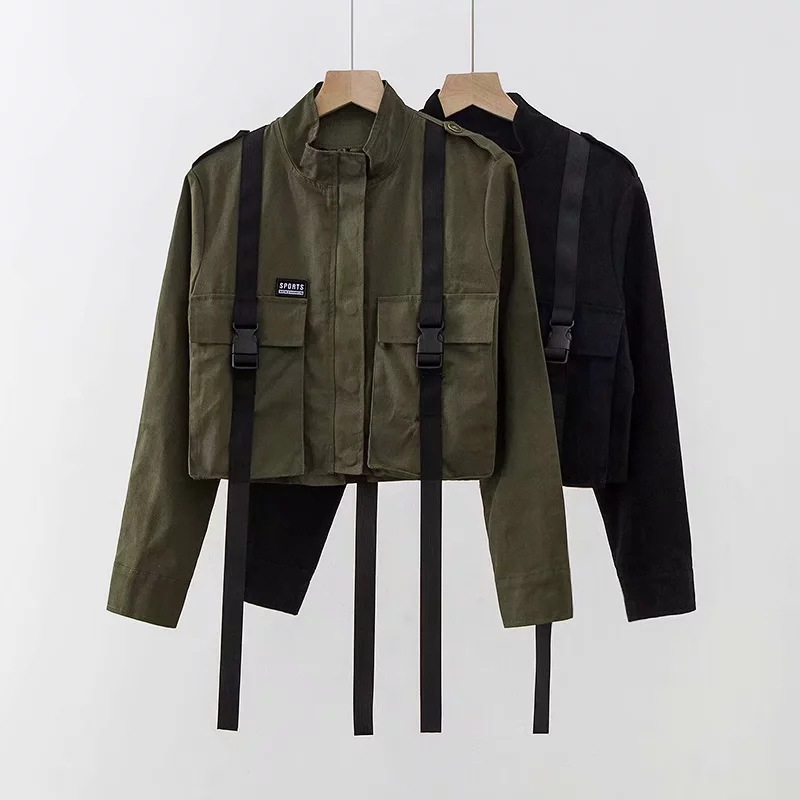 Summer New Womens Buckle Jacket Long Sleeve Army Green Cargo Bomber Jacket Coat Womens Windbreakers Streetwear 2019