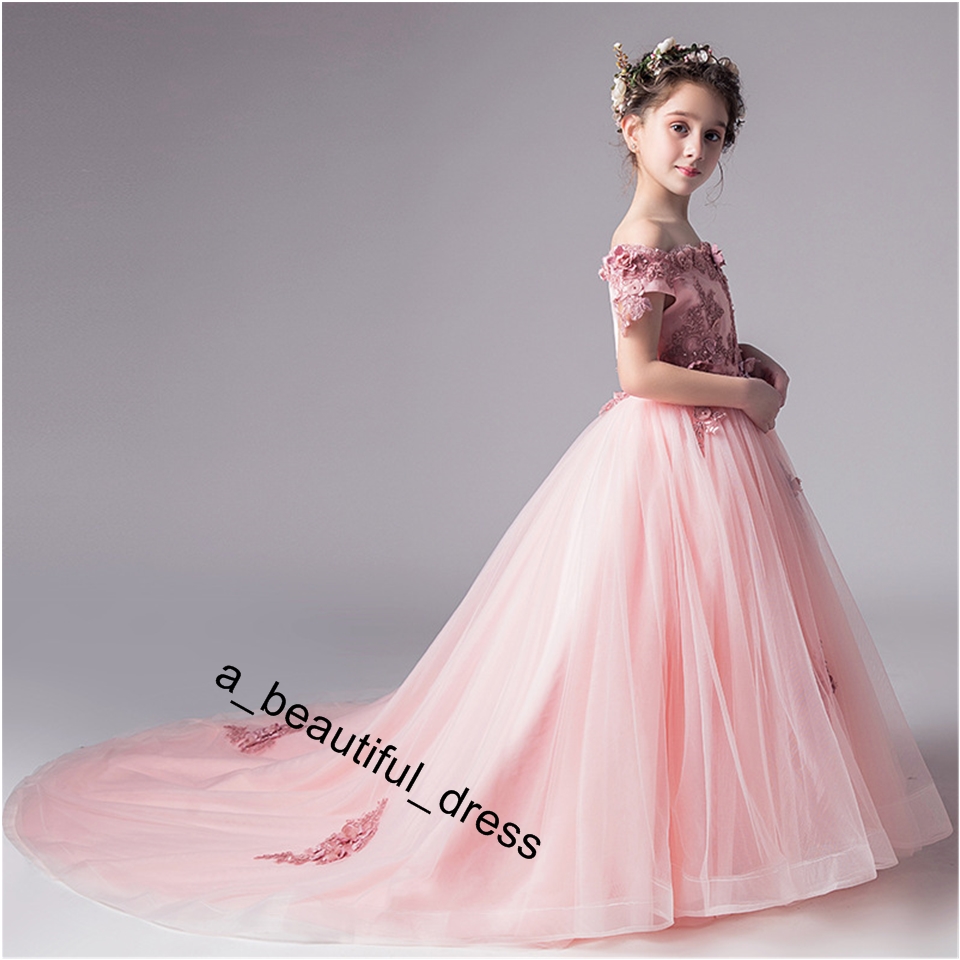 Pink Bead Decoration Long Flower Girl Dress New Girl Ball Gown pageant Wedding Party Exchange Dress Ball Beauty Sexy Shoulder Dress FG1271