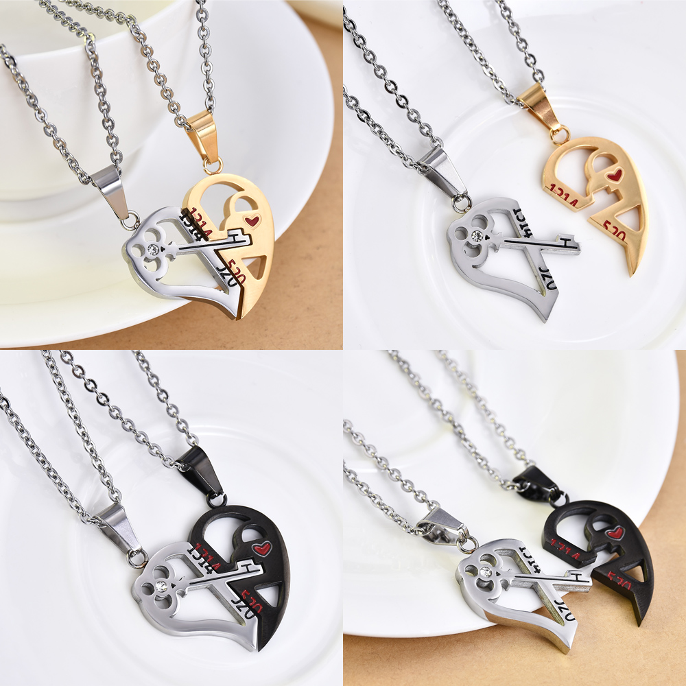 2019 New Fashion 2pcs His and Hers Stainless Steel Love Heart Lock & Key Couple Pendant Necklace stainless steel jewelry