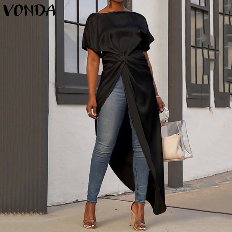 VONDA S-5XL Summer Tops Women Blouse Sexy Split Hem AsymmetricalParty Blouse Casual Loose Long Shirts Female Blusa Tunic
