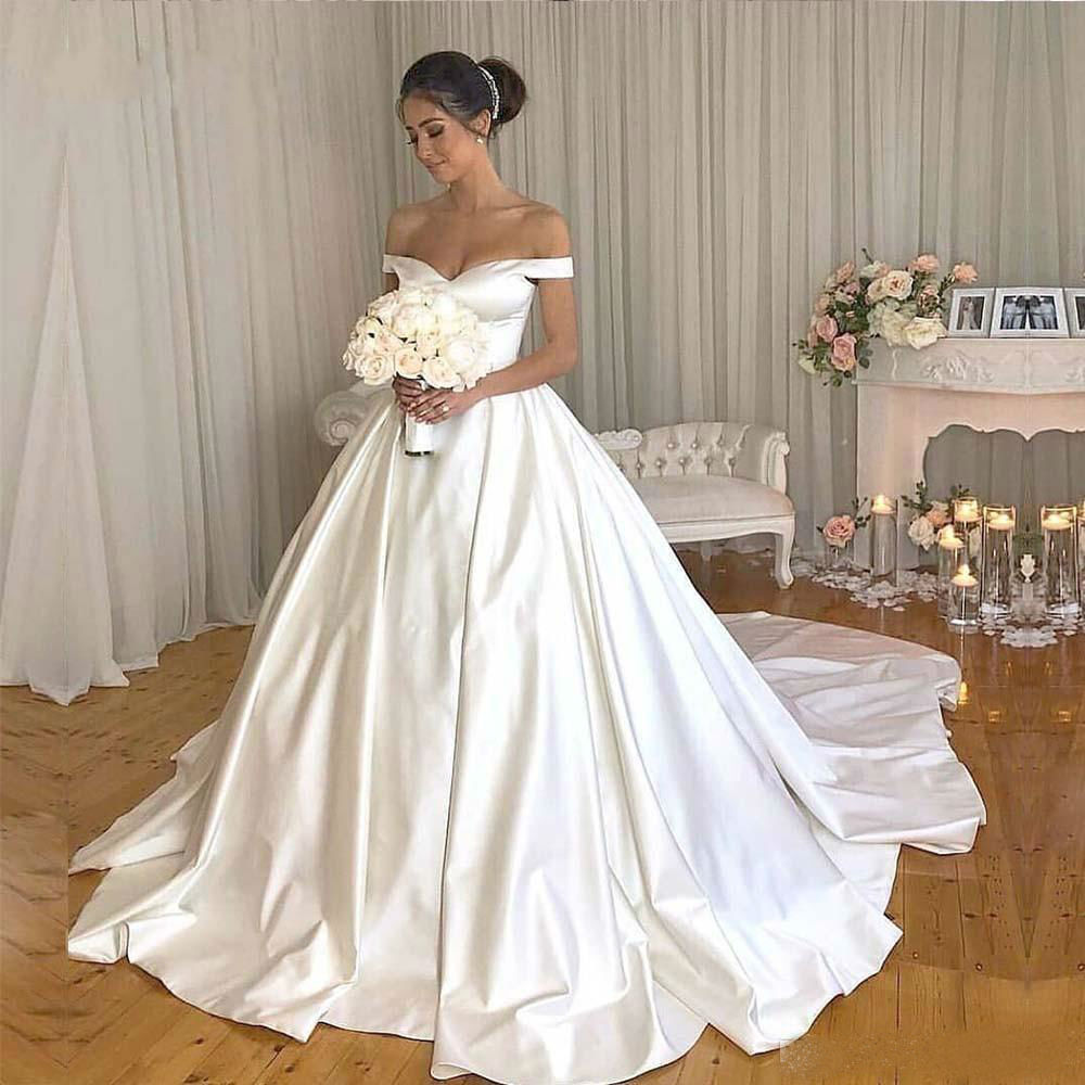 Elegant Ball Gown Wedding Dresses Custom Made 2019 Off Shoulder Satin Court Train Bridal Gowns Buttons Back Plus Size Wedding Dress Cheap