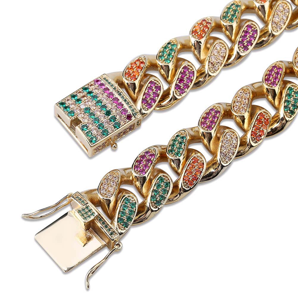 18K Gold Mens Hip Hop Cuban Link Chain Necklace 18mm Full Diamond Multicolor Iced Out Miami Rock Choker Rapper Curb Chains Jewelry Gifts for Boys Whol